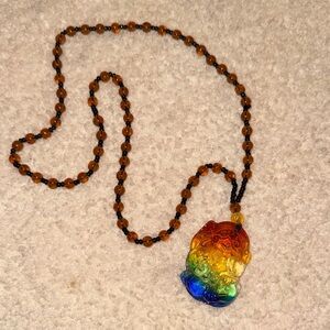 Amber Beaded Necklace with Rainbow Pendant